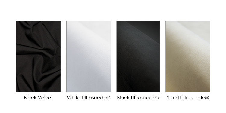 interior fabric options of black velvet, white Ultrasuede, black Ultrasuede, or sand Ultrasuede