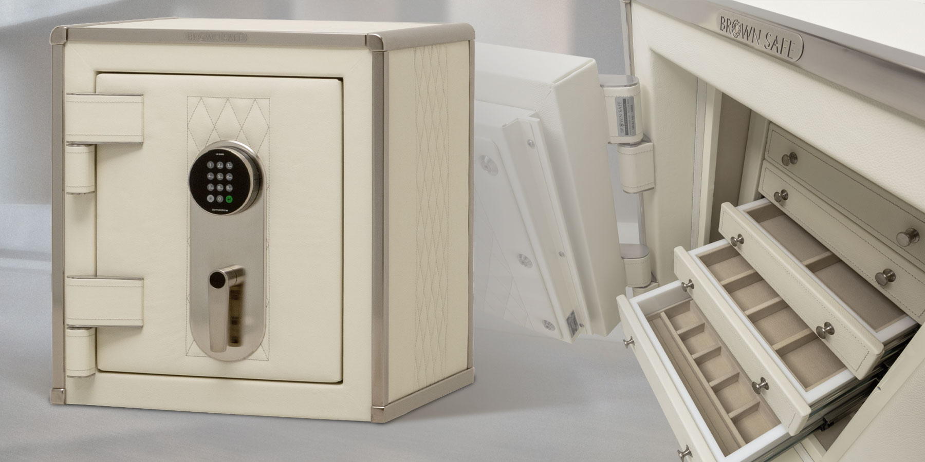 Decorative image of leather wrapped 2418 luxury safe in cream leather with stainless hardware