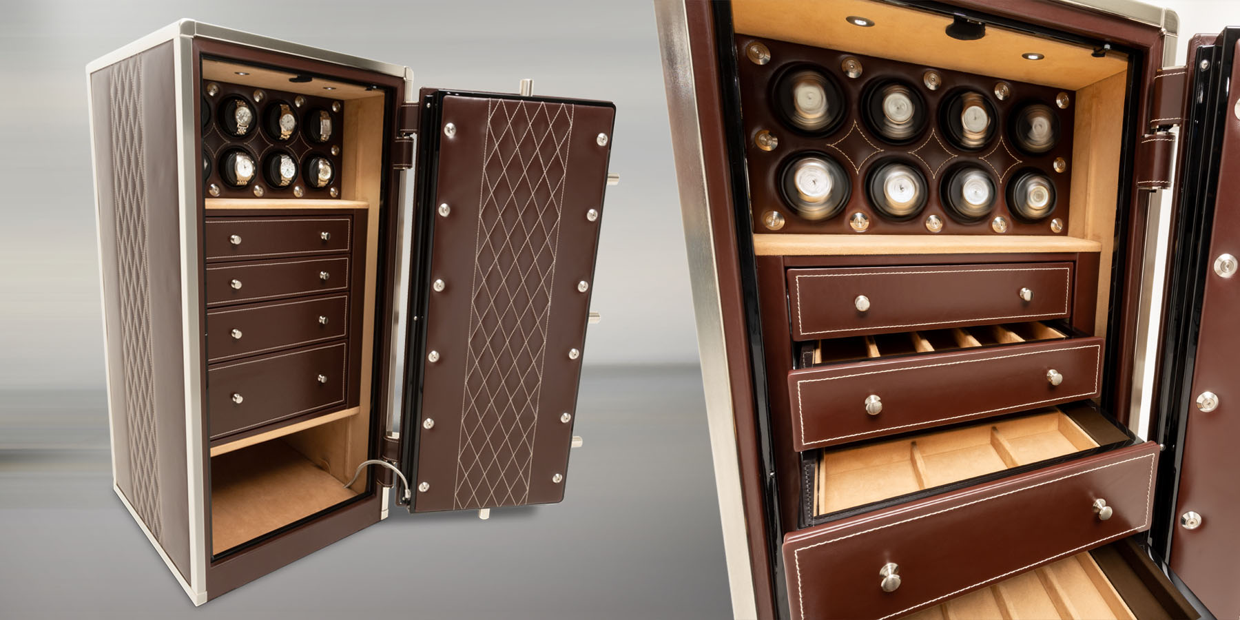 Decorative image of leather wrapped 4018 luxury safe in brown leather with stainless hardware