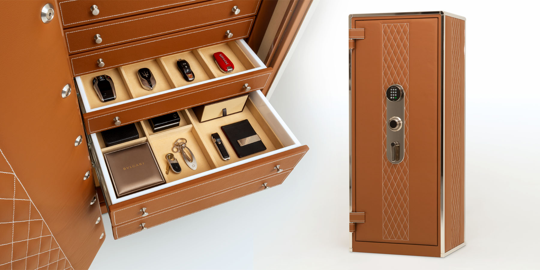 Decorative image of leather wrapped 6024 luxury safe in carmel leather with stainless hardware