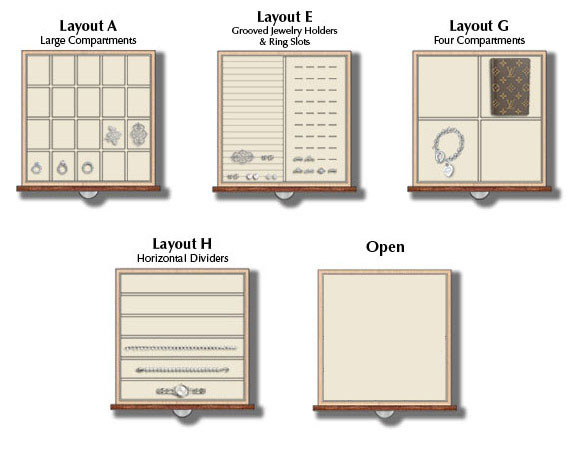 Drawer layout package 1 includes Layout A with large compartments, Layout E with grooved jewelry holders and ring slots, Layout G with four evenly spaced compartments, Layout H with horizontal full-width dividers, and an open insert.