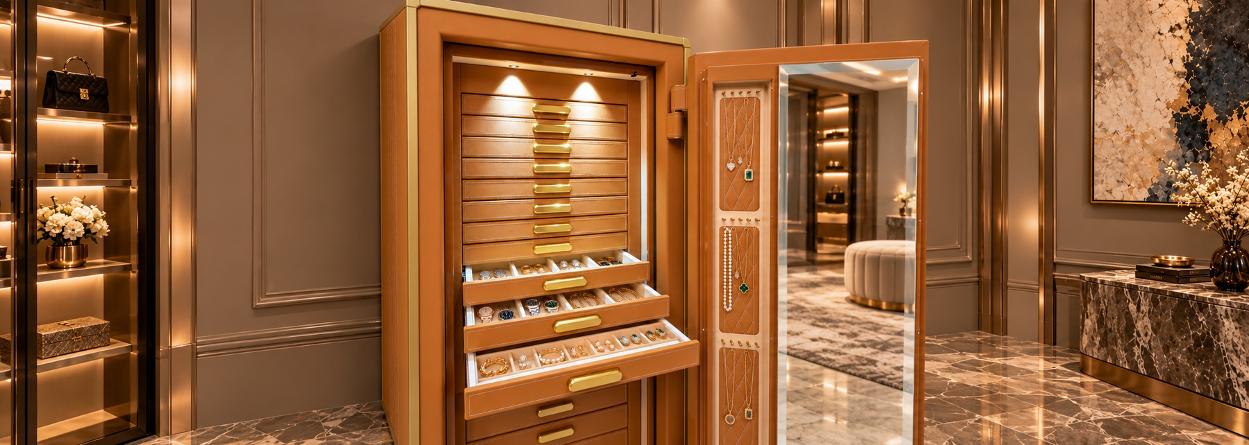 Interior of leather safe with drawers lined in ultrasuede for jewelry