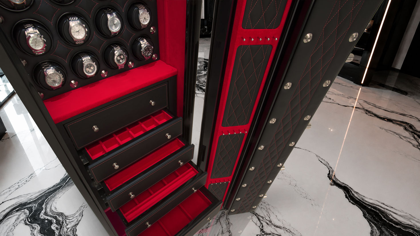 Man Safe 6018 com with red interior inside a bright interior space