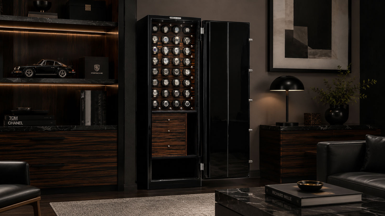 Man Safe 6018 with macassar ebony interior inside an executive office