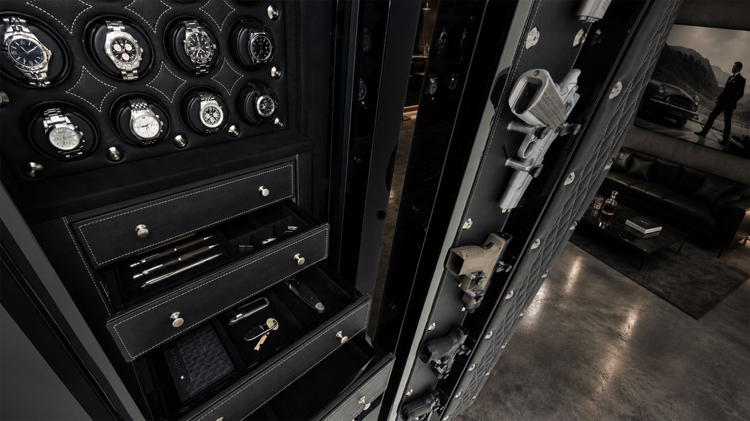 High angle view of Man Safe 6018 interior with valuables and watch storage