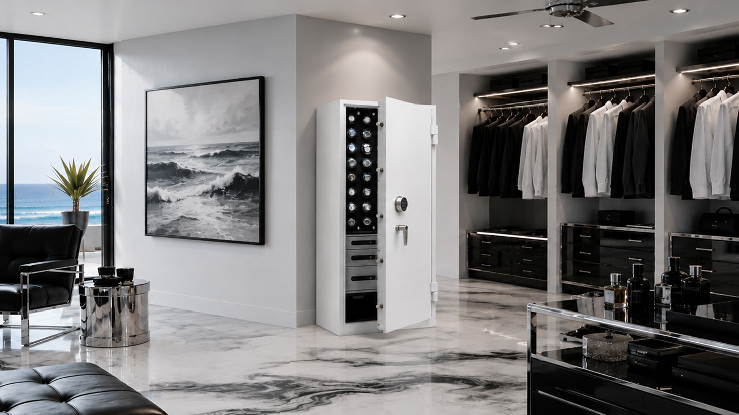 Man Safe 6024 brigh white luxury watch safe in modern interior space