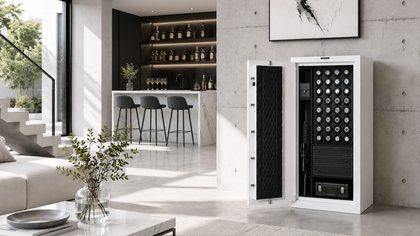 Man Safe 6024 in concrete living space with seating area and bar