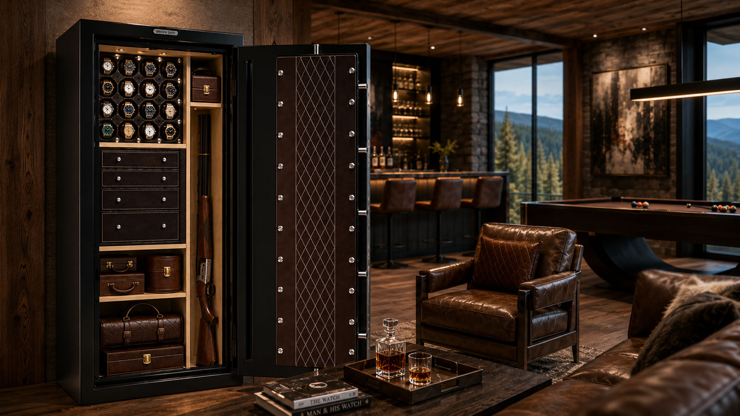 Man Safe 6024 with gun slot in modern cabin with pool table and bar