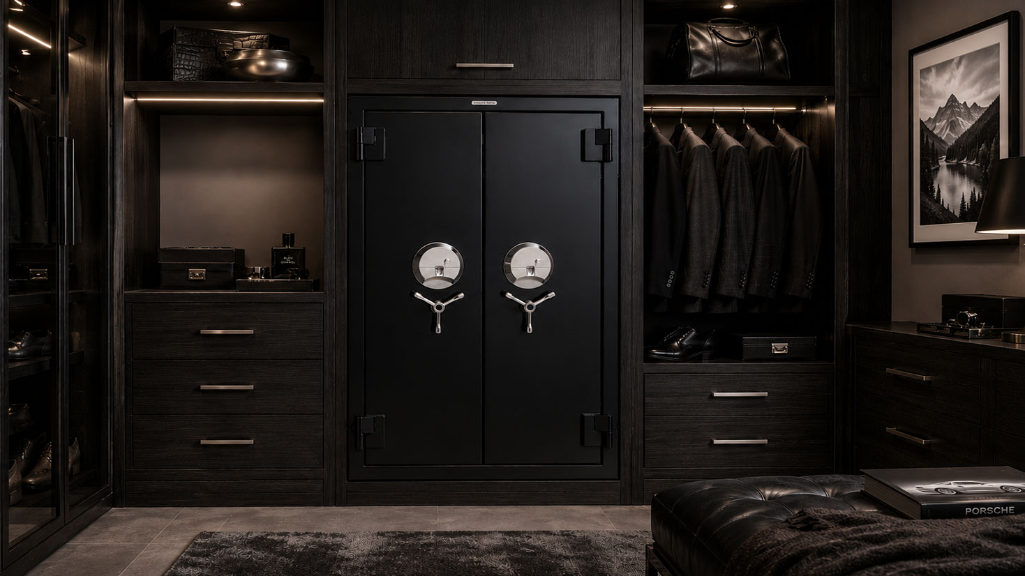 Man Safe 6037 built into the cabinet of a luxurious men's dressing room