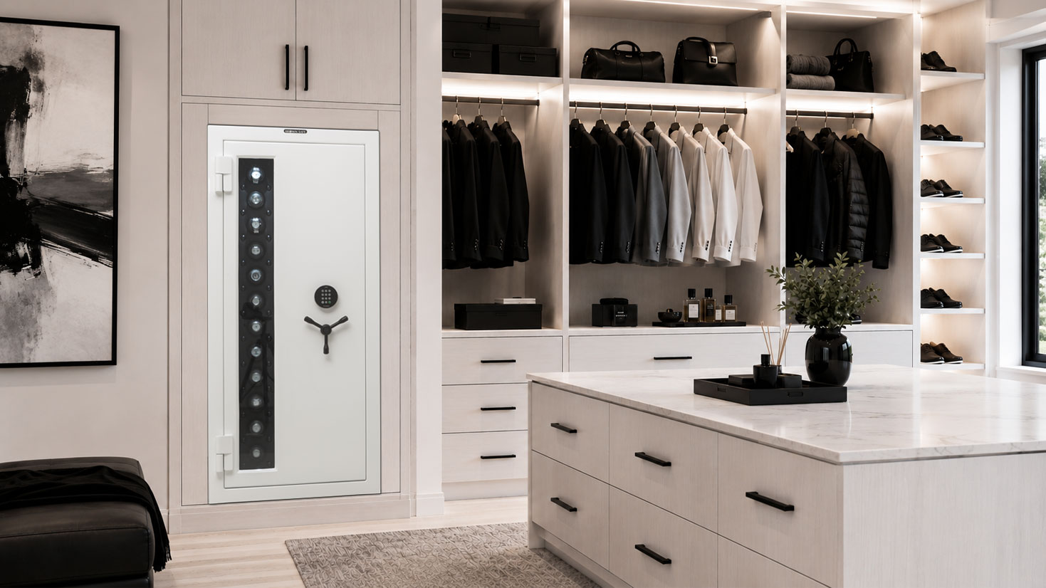 Man Safe 6024 brigh white luxury watch safe in modern interior space