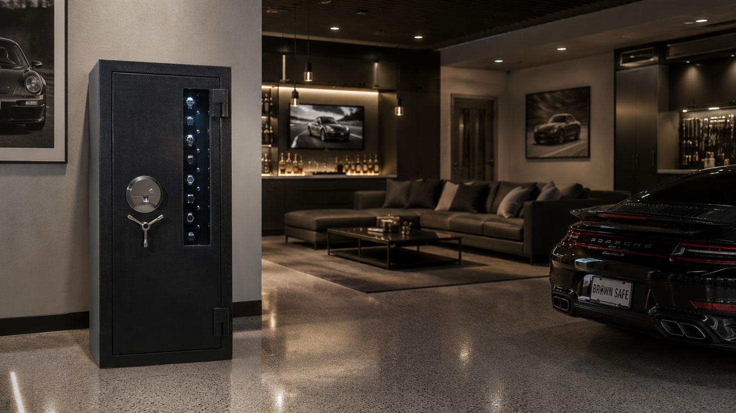 Man Safe 6024 with gun slot in modern cabin with pool table and bar
