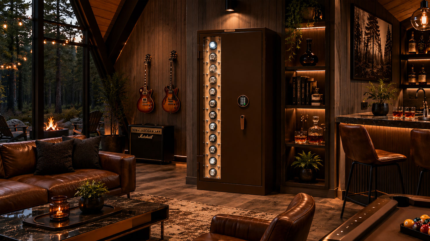 Man Safe 6024 with gun slot in modern cabin with pool table and bar
